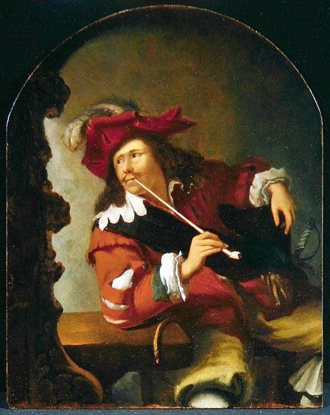 坐在桌前的年轻人一边抽着烟斗一边注视着镜子（板画油画） 作者 Bartholomaus Maton