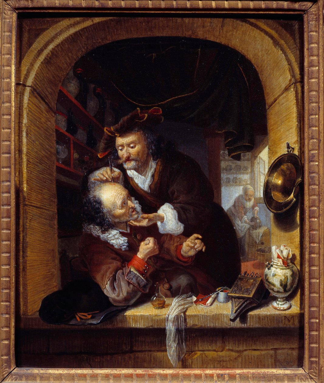 医学：““医生为了治疗病人的头痛而流小血”” 巴塞洛缪斯·马顿 (1643-1684) 绘画，17 世纪太阳。 0,27x0,21 m 巴黎，小皇宫博物馆 作者 Bartholomaus Maton