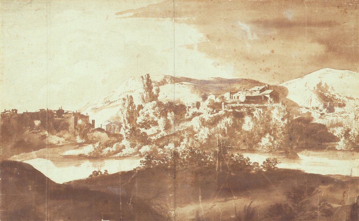河上的意大利村庄，c.1627（笔和墨水在纸上用石墨洗） 作者 巴托洛缪斯·布伦伯格