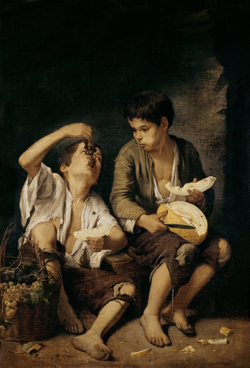 两个孩子吃甜瓜和葡萄，1645-46 作者 巴斯托洛梅·埃斯特万·穆里略