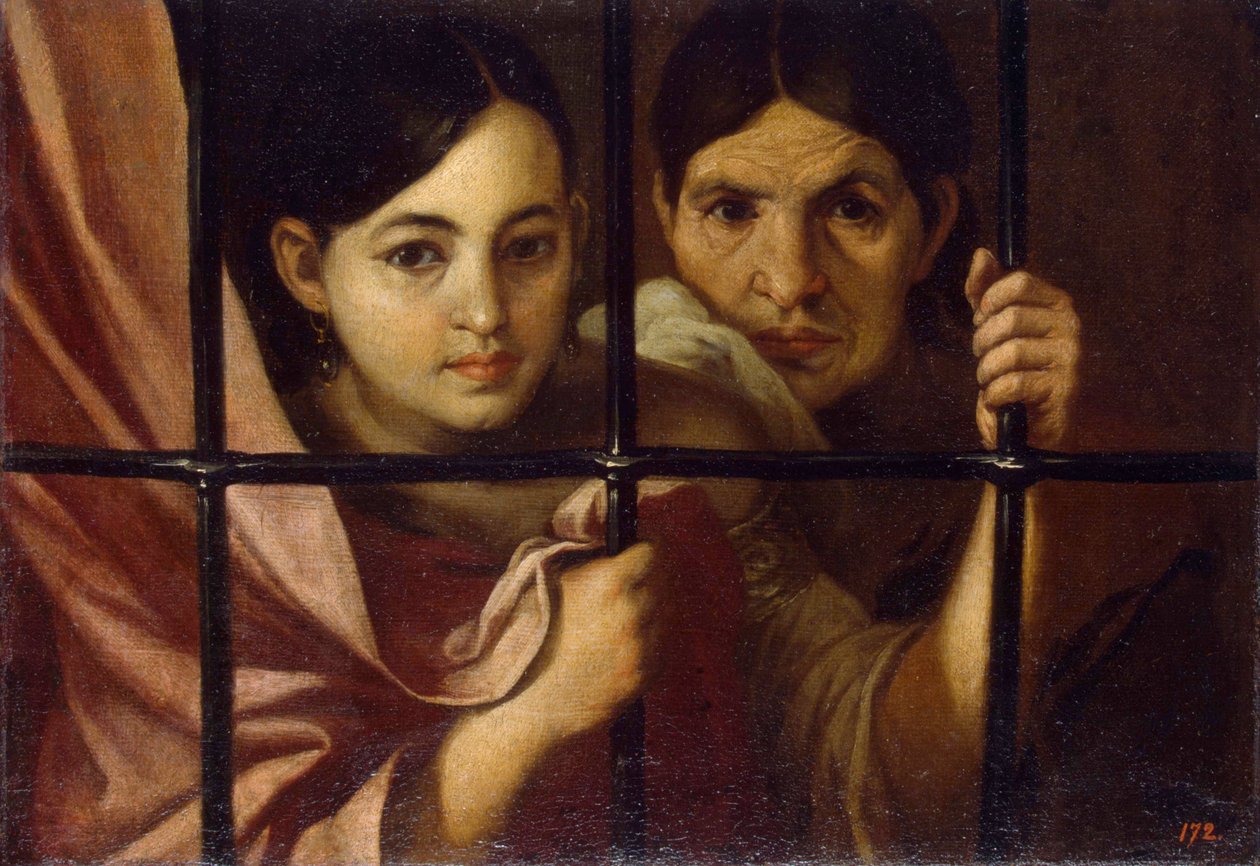 格栅后的两个女人 - 巴托洛梅-埃斯特万-穆里略（1617-1682 年）的油画，布面油画 作者 巴斯托洛梅·埃斯特万·穆里略