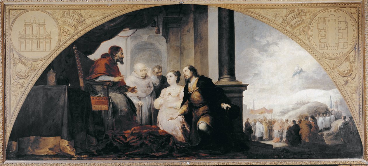 Santa Maria Maggiore（圣母玛利亚大教堂）的基础。 贵族约翰和他的妻子向罗马教皇利贝里（Liberius）（352-366 年的教皇）透露了他们的梦想。 Bartolome Esteban Murillo (1617-1682) 的绘画 作者 巴斯托洛梅·埃斯特万·穆里略