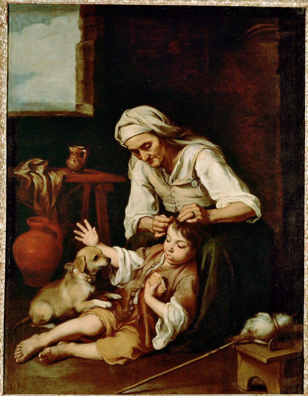 Vieja espulgando a un nino - 一位老妇人正在给一个男孩擦头发......（布面油画） 作者 巴斯托洛梅·埃斯特万·穆里略