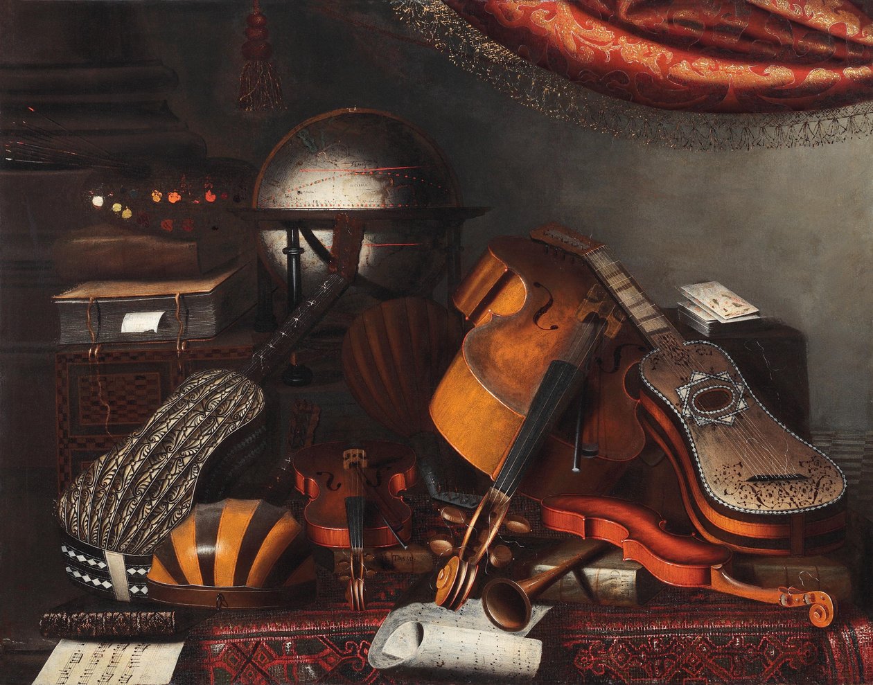 乐器，地球仪，书籍，扑克牌和画家调色板 作者 Bartolomeo Bettera