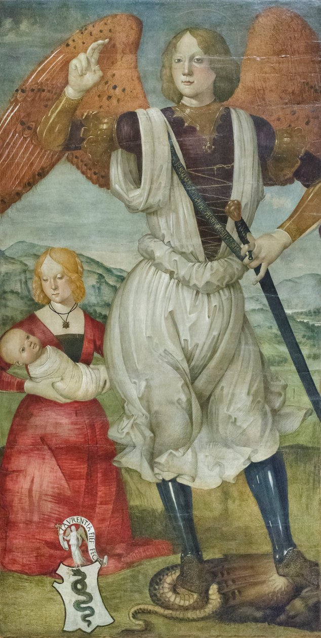圣米迦勒天使长与特奥多拉-维斯康蒂和新生的儿子，约 1486-87 年（蛋彩画板） 作者 巴尔托洛梅奥 (Della Gatta)