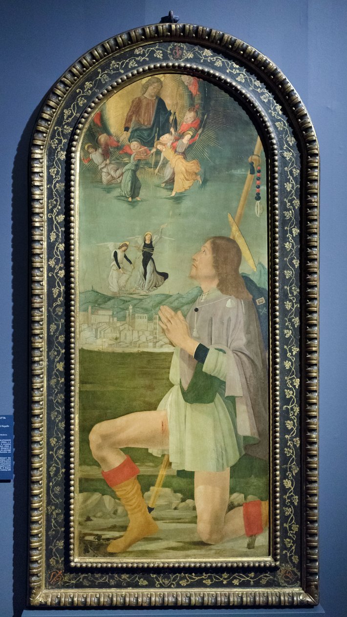 圣洛克驱走阿雷佐的瘟疫，约 1479-80 年（蛋彩画板） 作者 巴尔托洛梅奥 (Della Gatta)