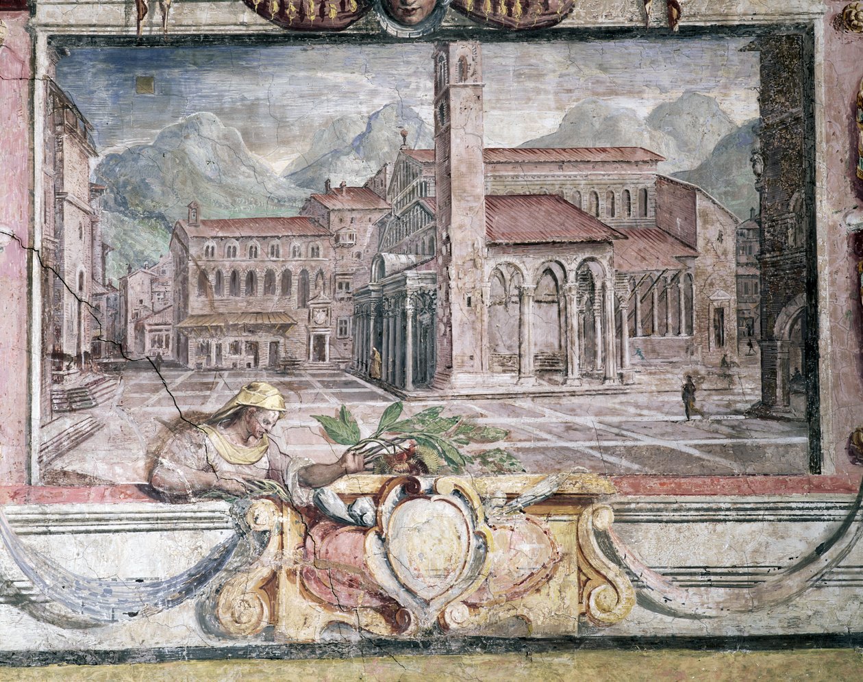 卧室，描述镇的带状装饰细节在Medici规则下，皮斯托亚，1564-75壁画 作者 Bartolomeo Ammannati