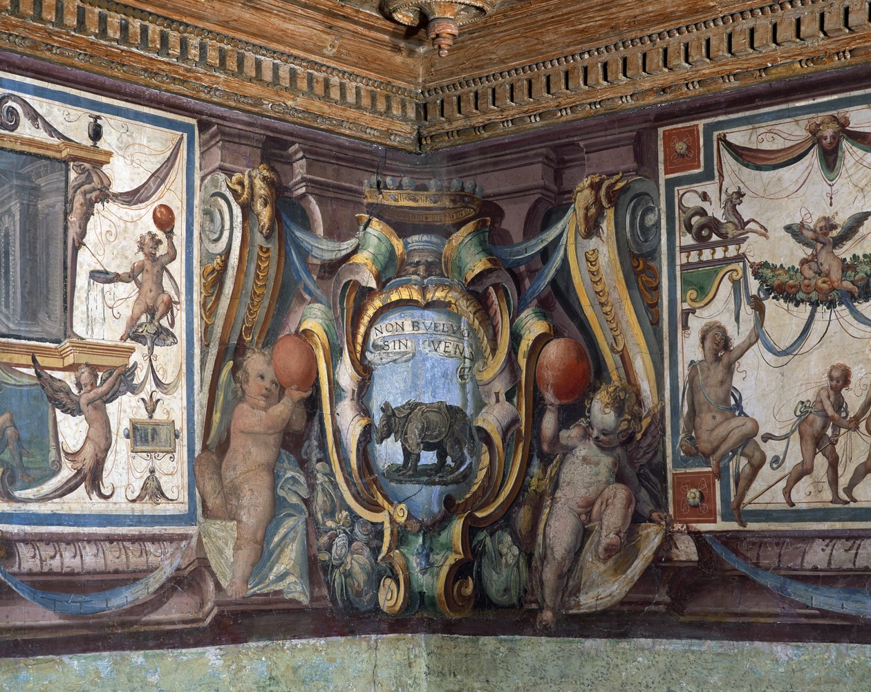 托斯卡纳大公的Sala del Granduca di Toscana大厅详细描绘了黄道十二宫，犀牛，1564-75壁画的楣 作者 Bartolomeo Ammannati