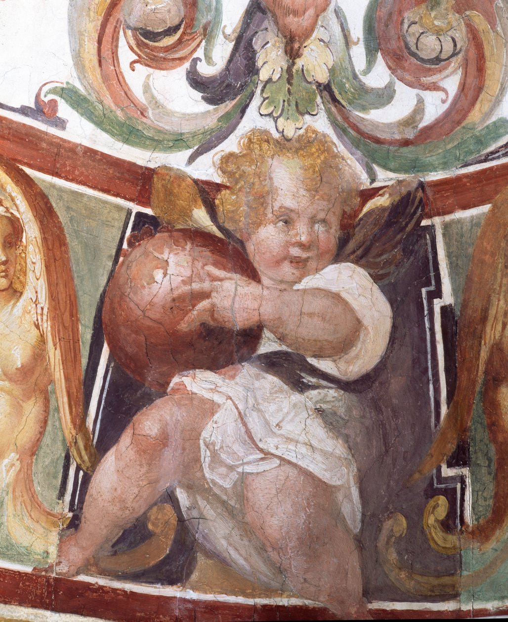 Francesco deMedici 1541-87的Studiolo研究装饰描绘一个putto举行地球仪，1564-75壁画的细节 作者 Bartolomeo Ammannati