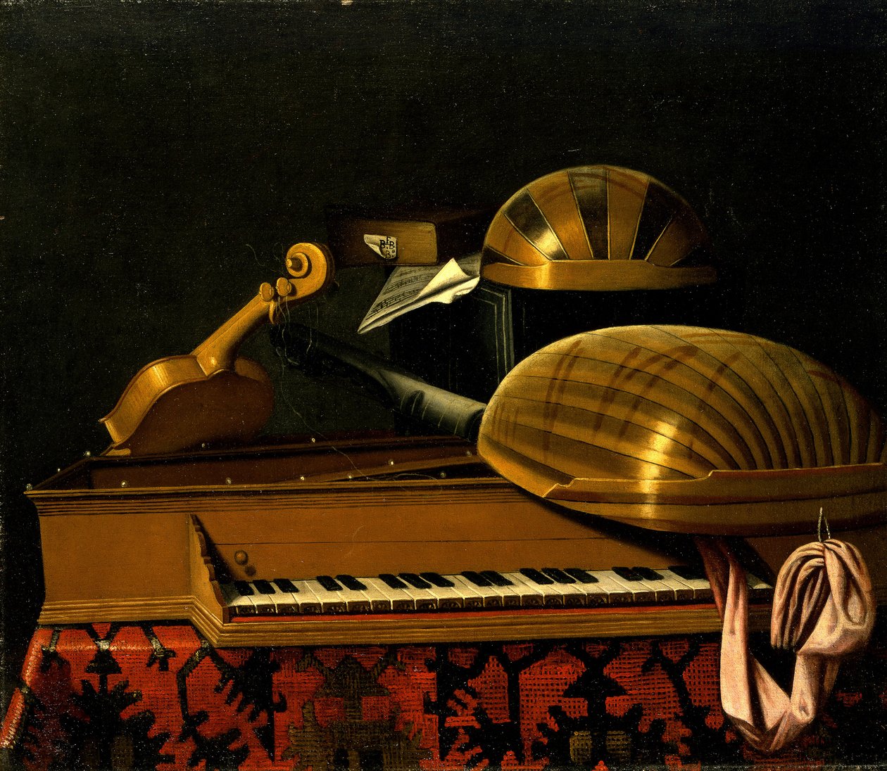静物与乐器和书籍，十七世纪中期。 作者 Bartolomeo Bettera