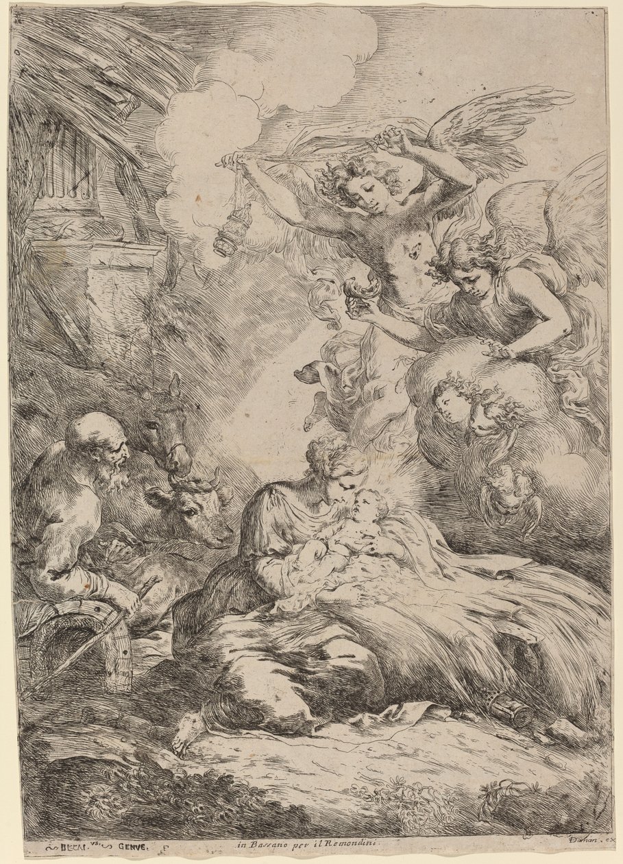 天使爱慕的神圣家族 大型耶稣诞生图。 作者 Bartolomeo Biscaino