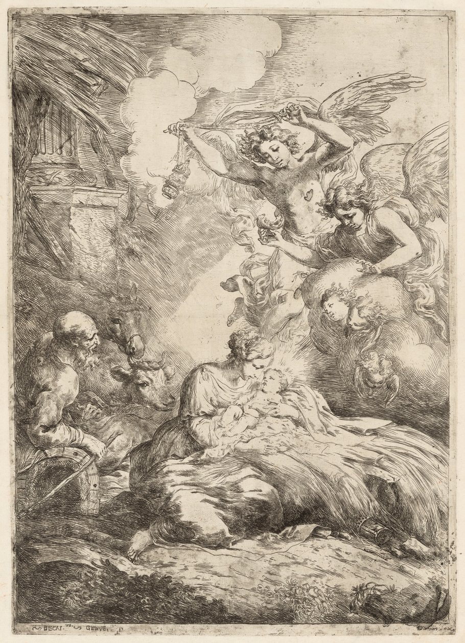 被天使爱戴的神圣家庭 大型耶稣诞生图，约1655年。 作者 Bartolomeo Biscaino