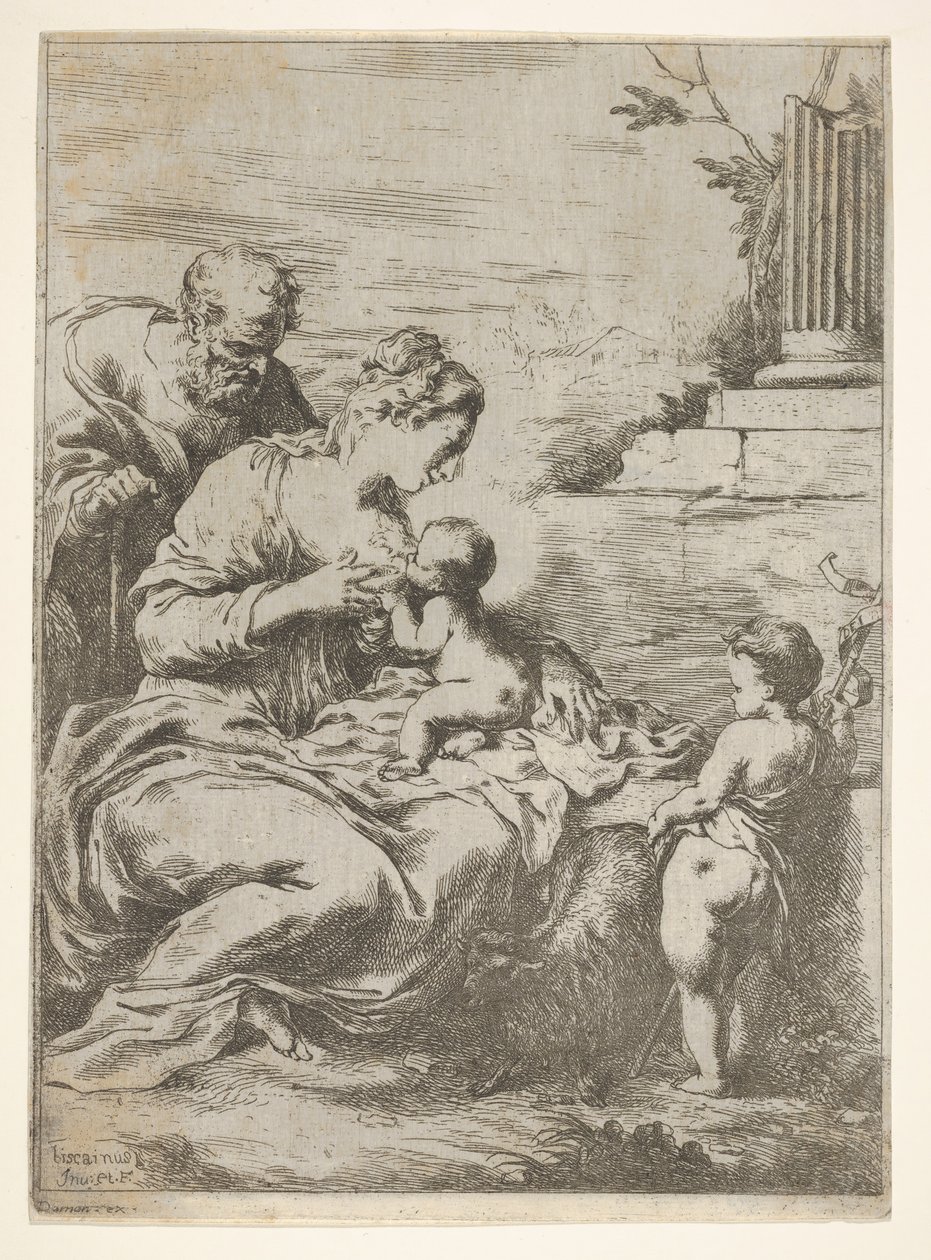 神圣家族，右边有婴儿浸礼会圣约翰，1650-57年。 作者 Bartolomeo Biscaino