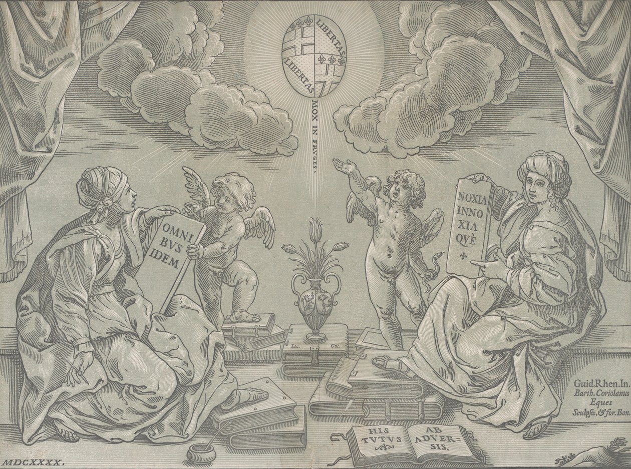 论文的寓意，两个女人拿着刻好的碑，1640年。 作者 巴托洛梅奥·科里奥拉诺