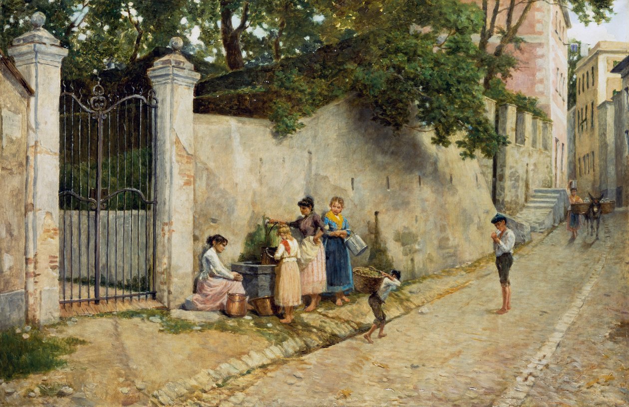 喷泉旁，巴托洛梅奥·朱利亚诺（Bartolomeo Giuliano，1825-1909），布面油画，64.5x100 厘米 作者 巴尔托洛梅奥朱利亚诺