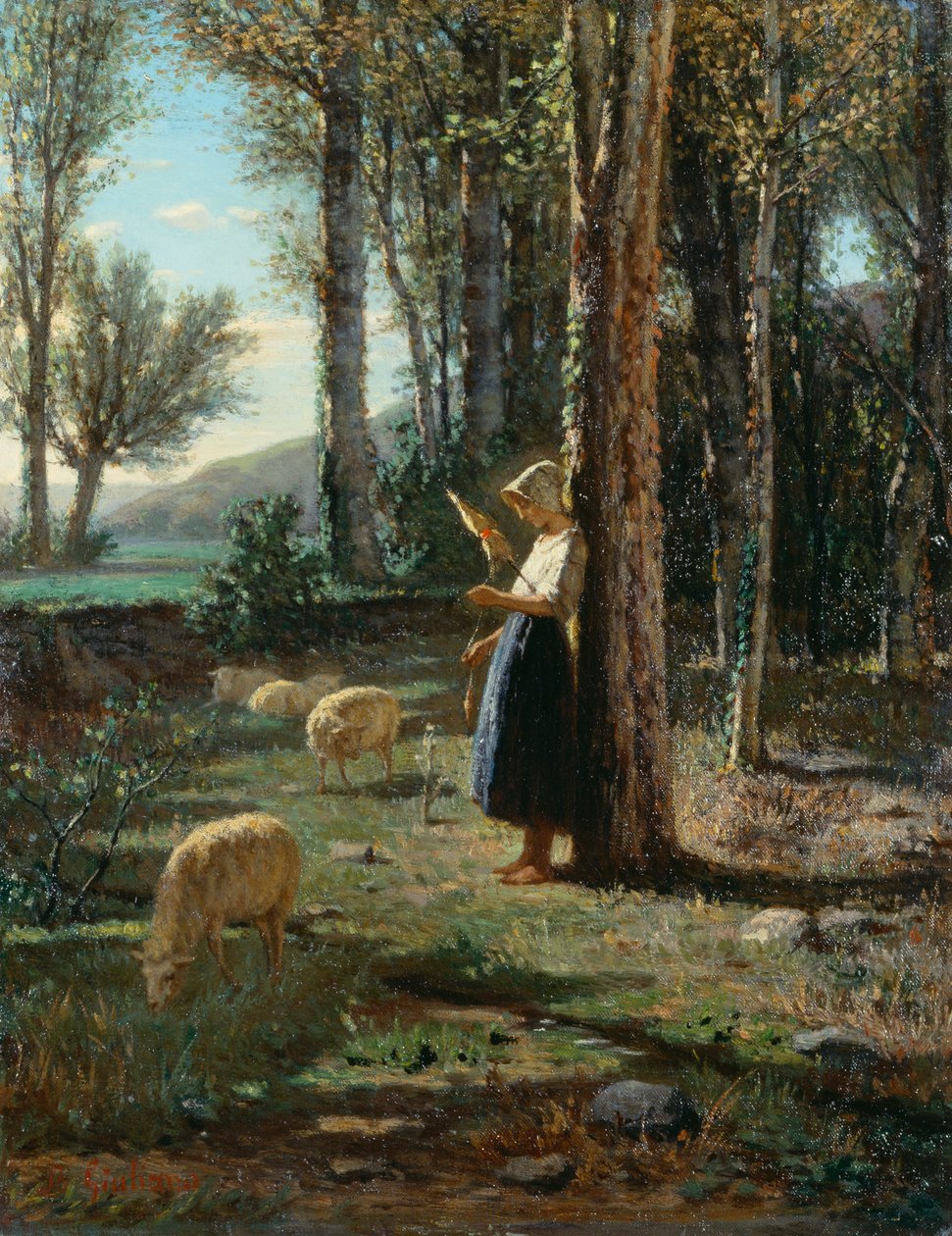 牧羊女与羊群，巴托洛梅奥·朱利亚诺（Bartolomeo Giuliano，1825-1909），布面油画，35x27 厘米 作者 巴尔托洛梅奥朱利亚诺