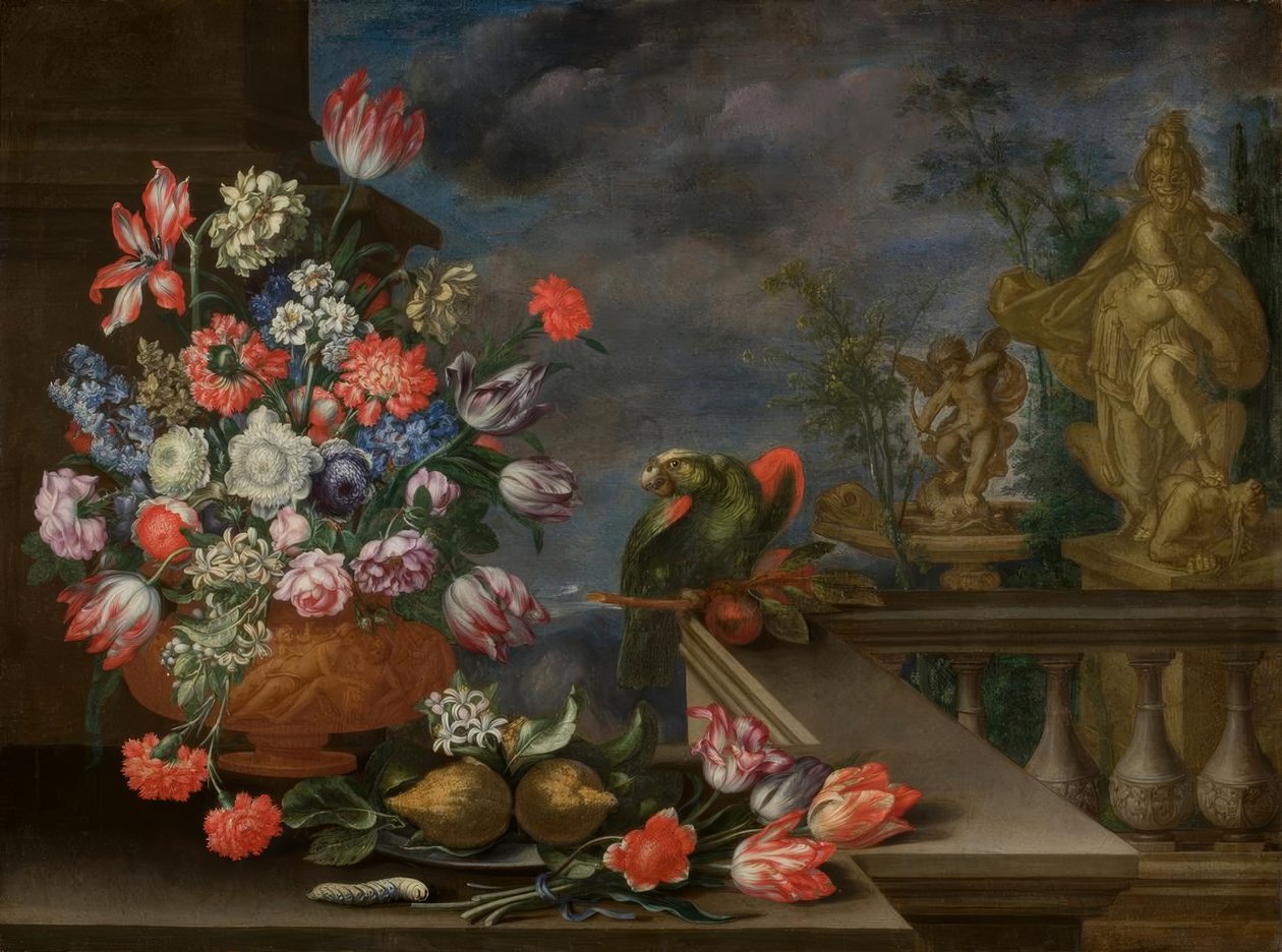 静物与花瓶，柑橘类水果，鹦鹉和喷泉雕塑 作者 Bartolomeo Ligozzi