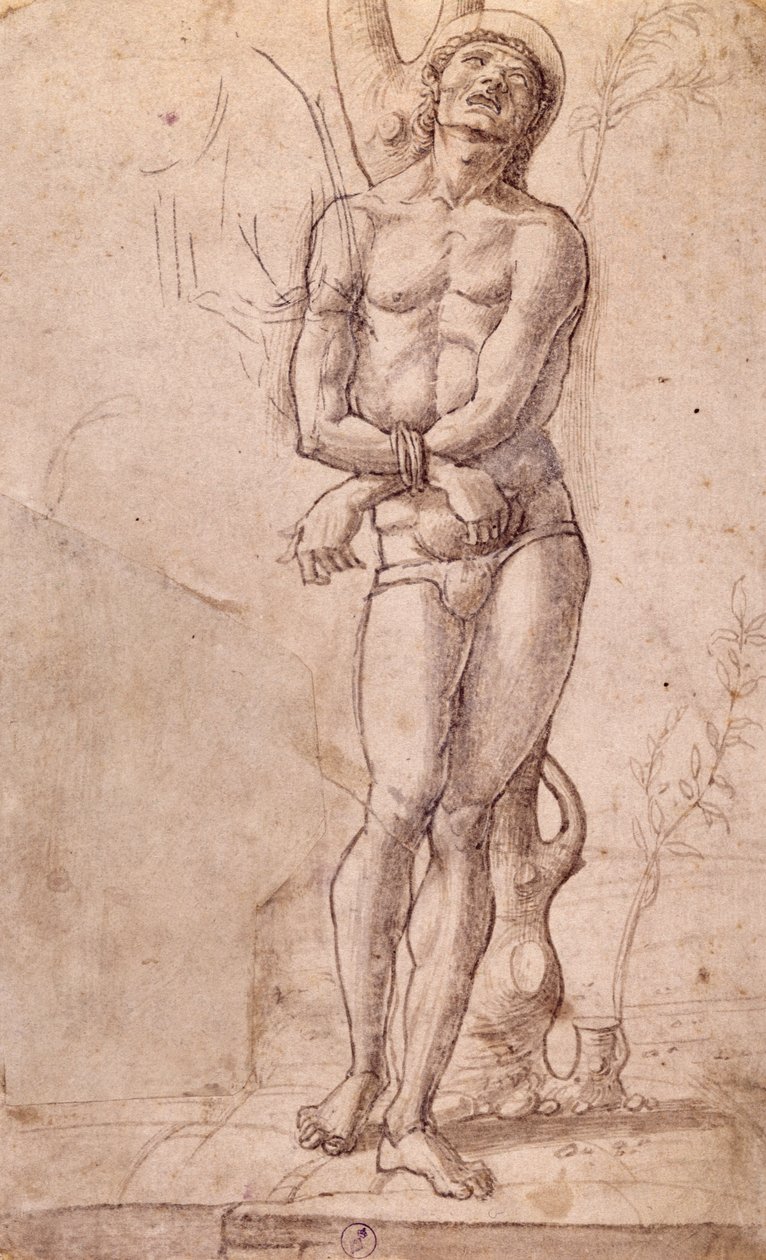 圣塞巴斯蒂安，约 1475 年，由 Bartolomeo Montagna（约 1450-1523 年）绘制，钢笔和棕色墨水，棕色水洗，厘米 20x15，意大利 作者 蒙大拿州Bartolomeo