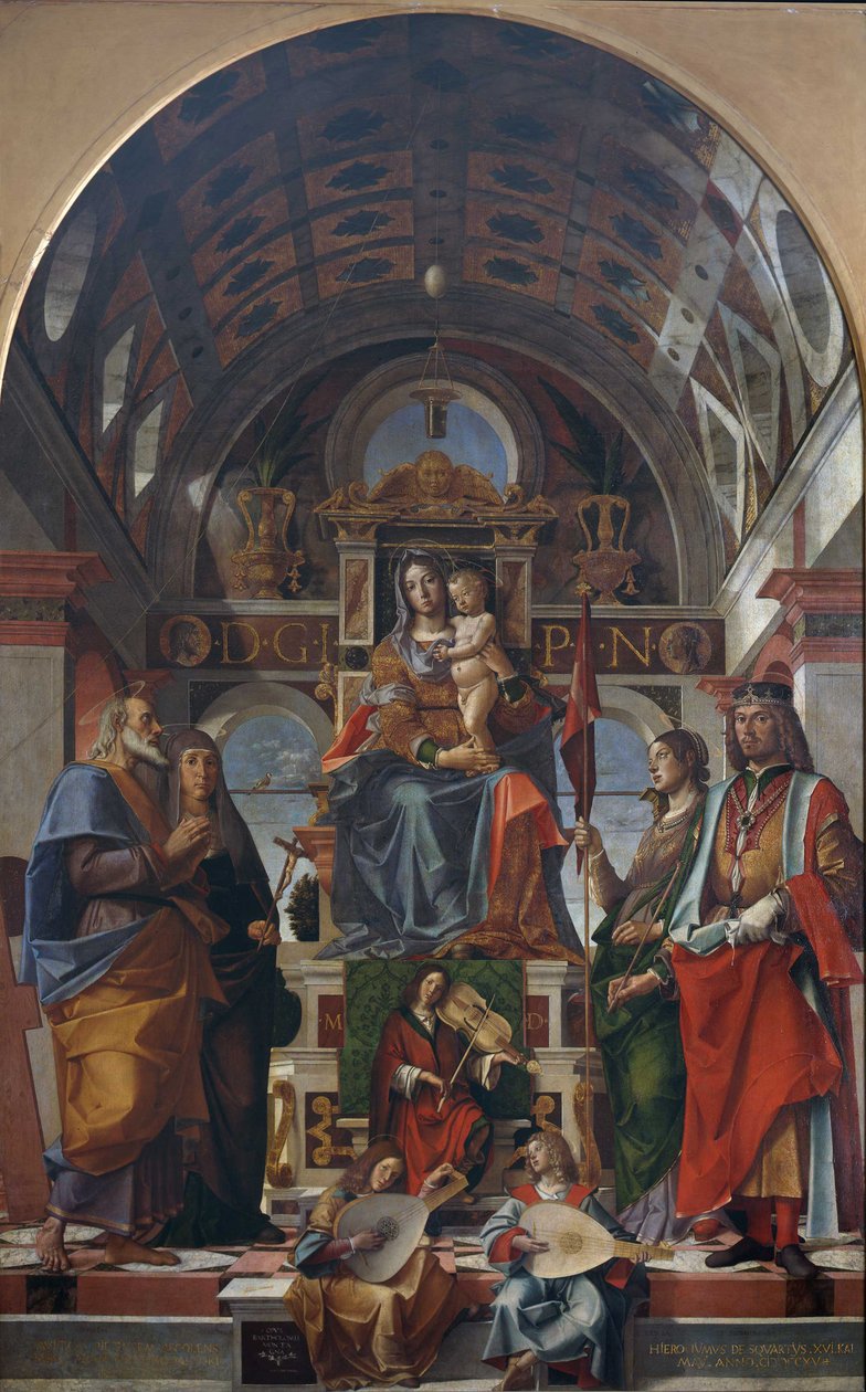 1499年，圣母子在圣徒和天使的陪伴下登上音乐。 作者 蒙大拿州Bartolomeo