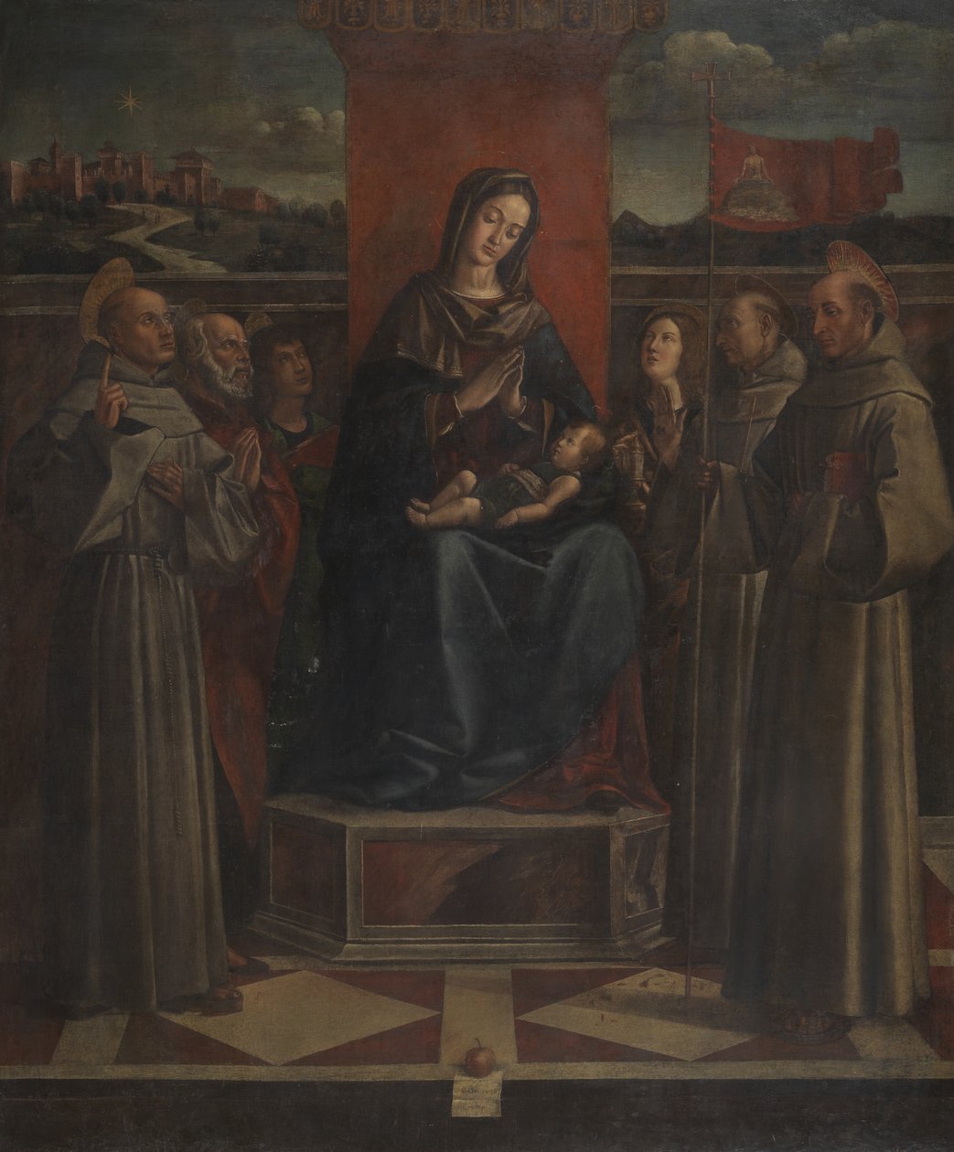 处女和儿童被六圣徒合并，约公元1500年 作者 蒙大拿州Bartolomeo