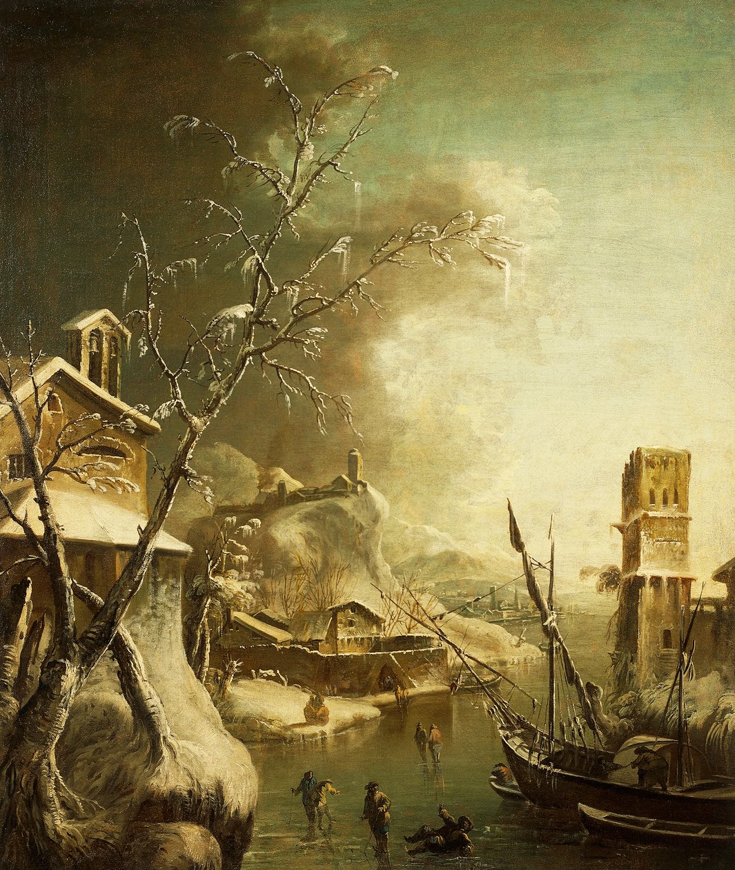 冬季风景，巴托洛梅奥·佩多内（Bartolomeo Pedone，1665-1733 年）绘画。 作者 巴塞洛缪·佩多内