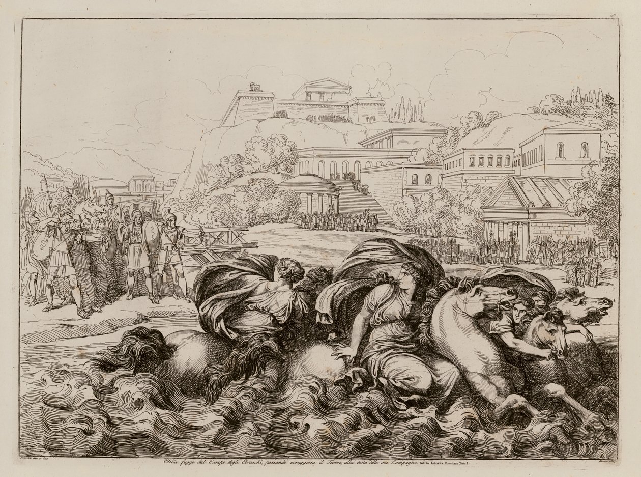 克洛伊利亚逃离伊特鲁里亚人的营地后穿过台伯河（蚀刻版画） 作者 Bartolomeo Pinelli