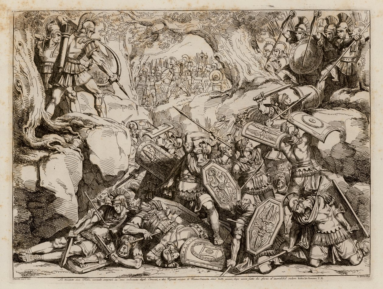 公元前 477 年克雷梅拉战役中罗马法比亚家族的毁灭（蚀刻版画） 作者 Bartolomeo Pinelli