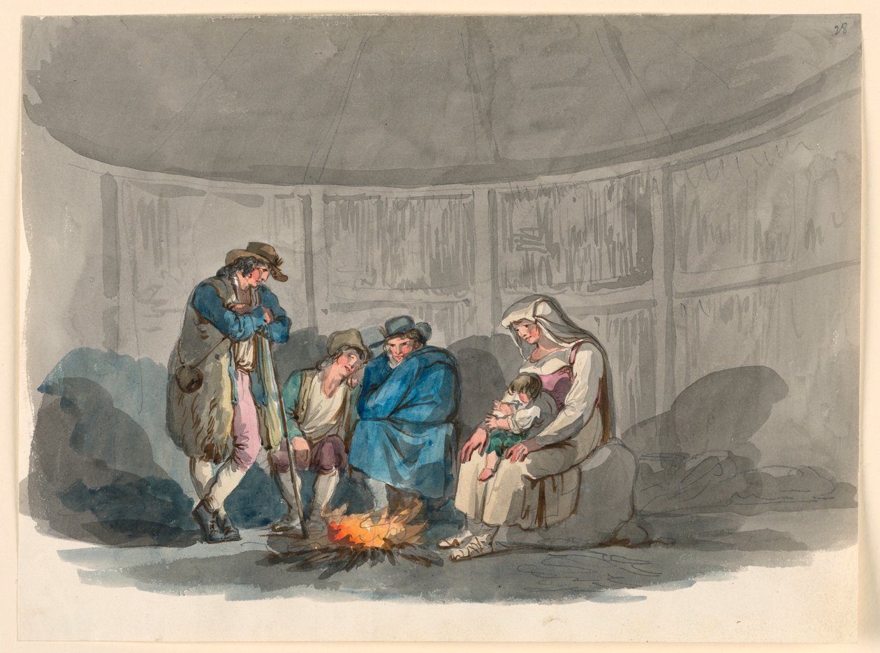 素描，《夜晚的牧羊人家》，1807-08 年 作者 Bartolomeo Pinelli