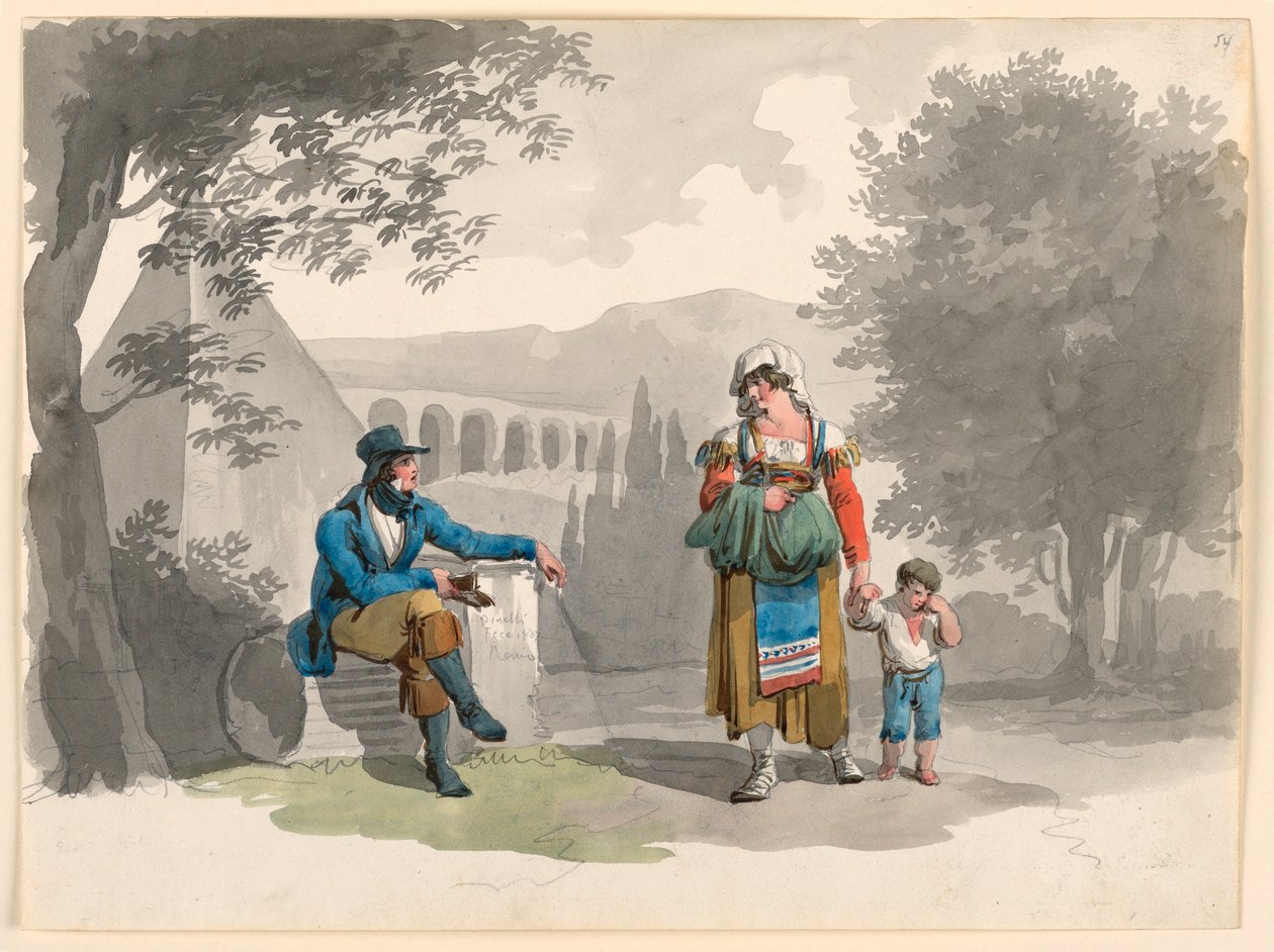 素描，1807 年，一名妇女手牵着一名男孩，与一名坐在坎帕尼亚废墟中的绅士擦肩而过 作者 Bartolomeo Pinelli