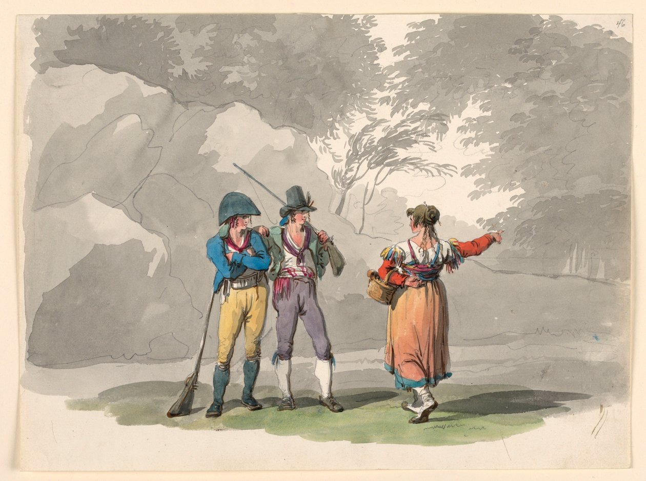 绘画，一个女人和两个持枪的男人。那不勒斯王国的服饰，1807-08 年 作者 Bartolomeo Pinelli