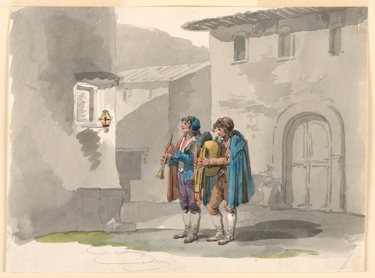 素描，"Pifferari"，罗马阿布鲁齐的两个吹笛者，1807-1808 年 作者 Bartolomeo Pinelli