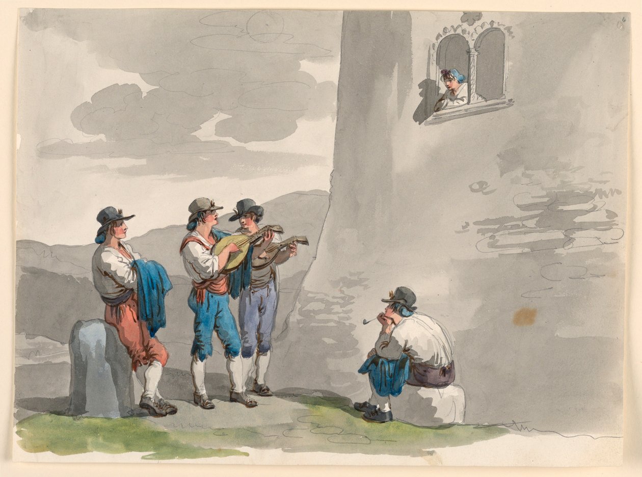 素描，《小夜曲》，1807-08 年 作者 Bartolomeo Pinelli