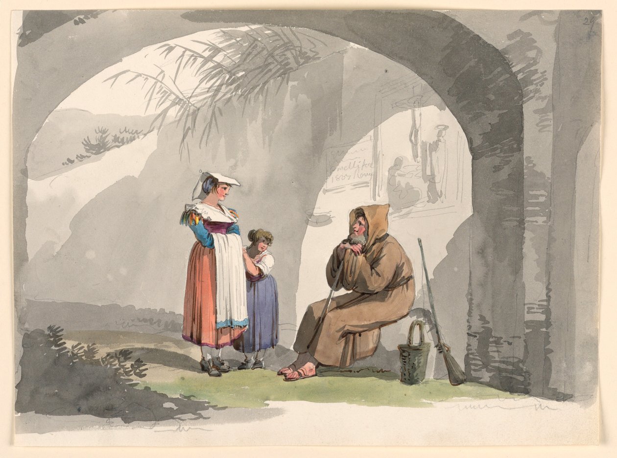 素描，两个来自弗拉斯卡蒂的女孩拜访一位隐士，1807 年 作者 Bartolomeo Pinelli