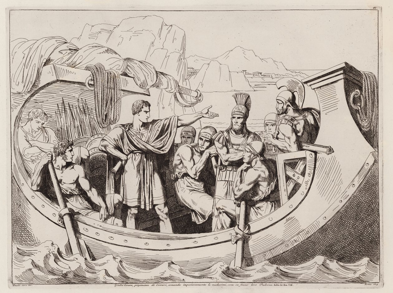 凯撒大帝被西莱西亚海盗俘虏，约公元前 75 年（蚀刻版画） 作者 Bartolomeo Pinelli