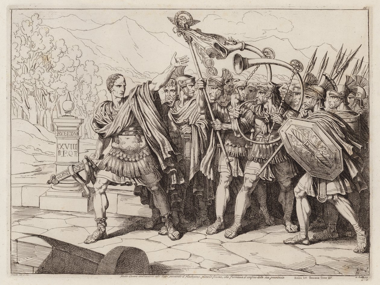 凯撒大帝跨越卢比孔河，公元前 49 年（蚀刻版画） 作者 Bartolomeo Pinelli