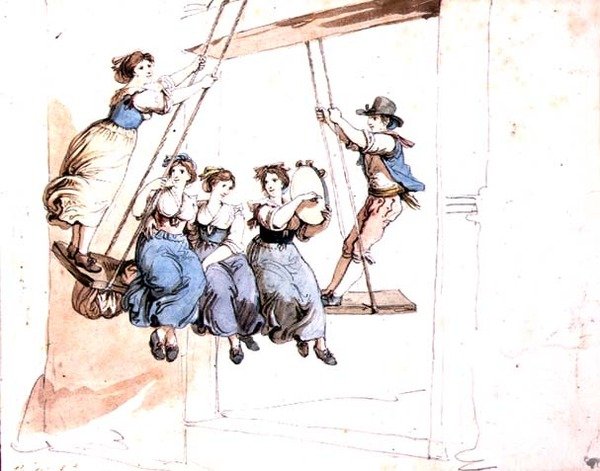 在秋千上（纸上铅笔水彩画） 作者 Bartolomeo Pinelli
