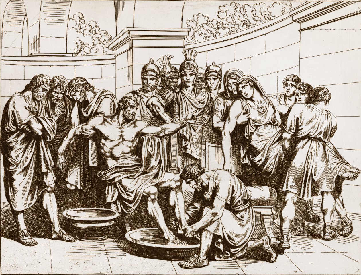 罗马哲学家塞内卡（Lucius Annaeus Seneca，公元前4年-公元65年。 JC）被指控参与了反对皇帝Neron的阴谋，被勒令自杀--Bartolomeo Pinelli的雕刻 - 塞内卡之死，Bartolomeo Pinelli的雕刻（1781-）。 作者 Bartolomeo Pinelli