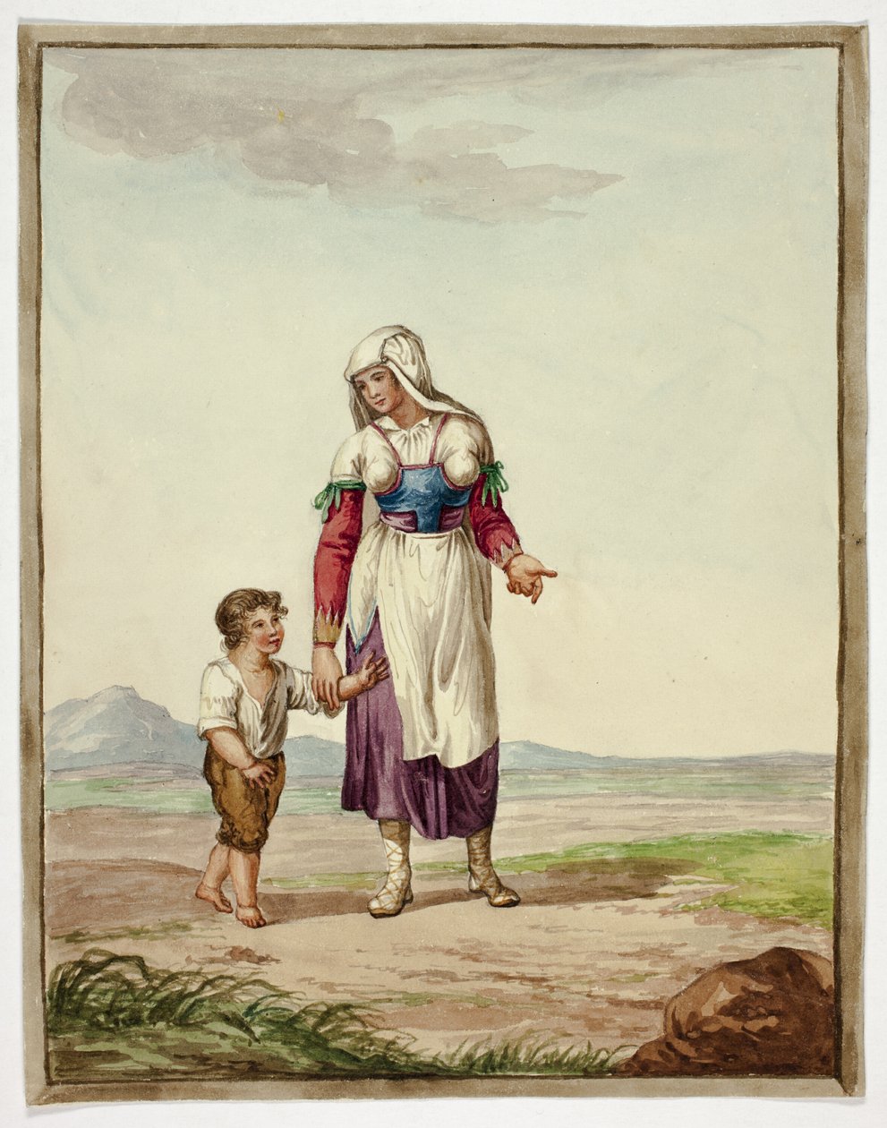 身着土著服饰的妇女与路上的男孩 作者 Bartolomeo Pinelli