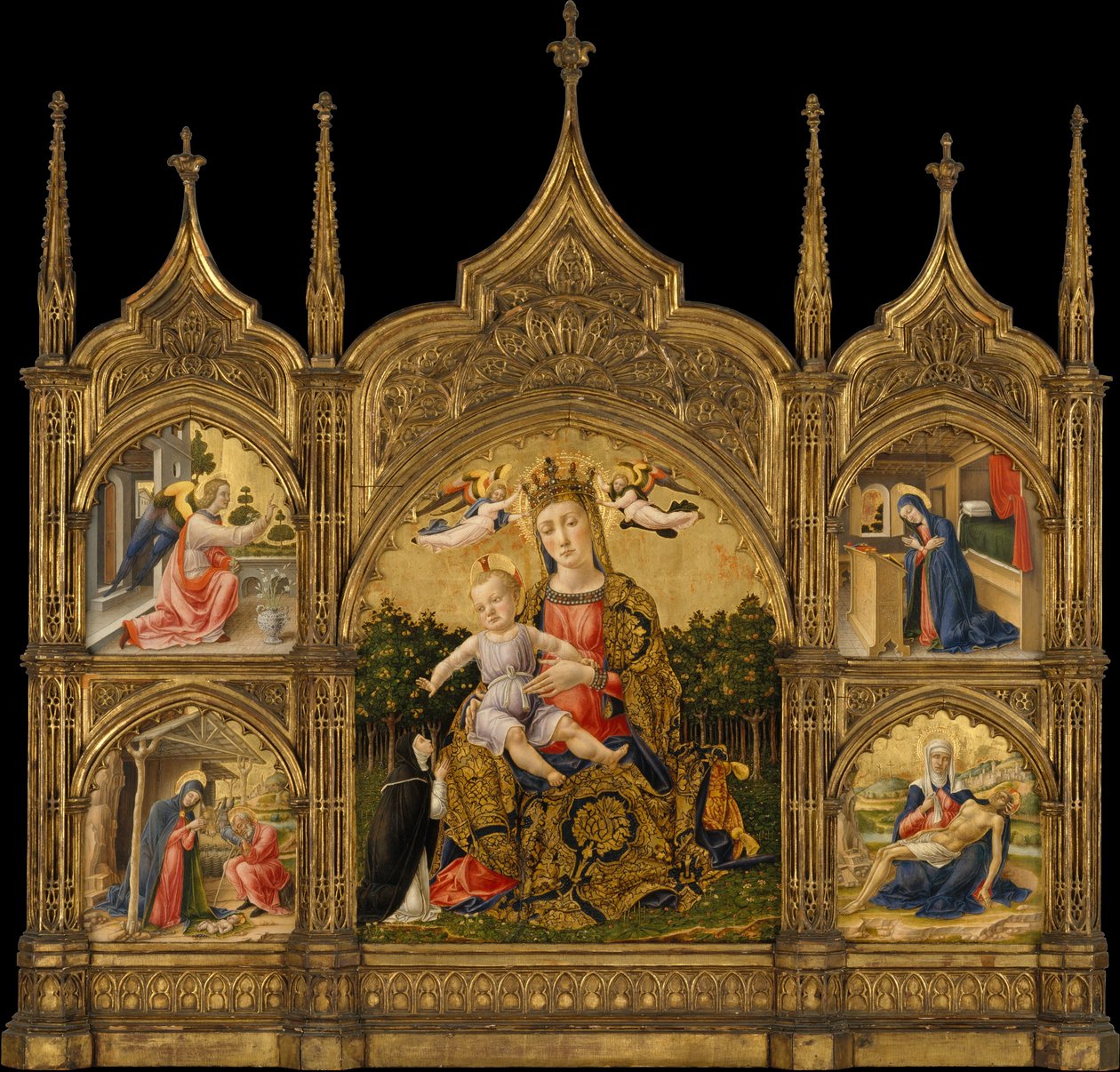 谦卑的麦当娜，天使报喜，耶稣降生，和Pietà，c.1465（木头上的蛋彩画和金子） 作者 Bartolomeo Vivarini