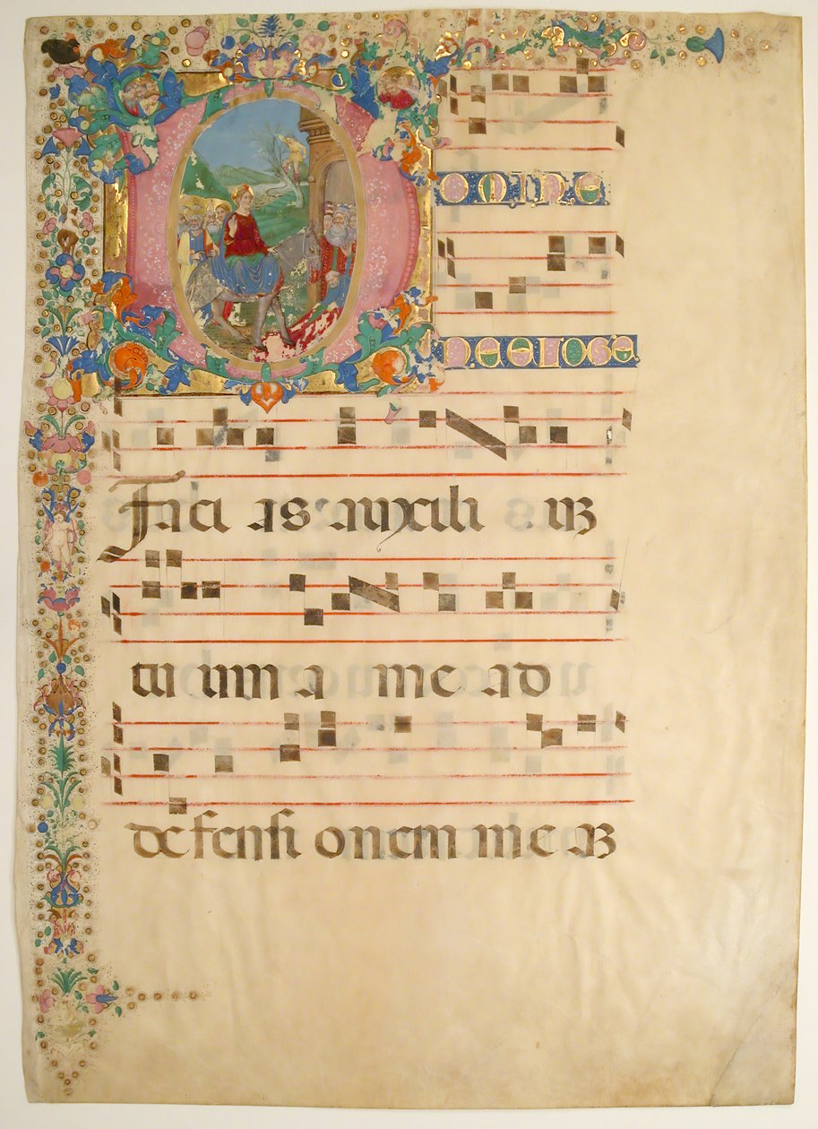 手稿叶子上有棕榈主日进入耶路撒冷的首字母D...，15-16世纪。 作者 Bartolomeo di Domenico di Guido