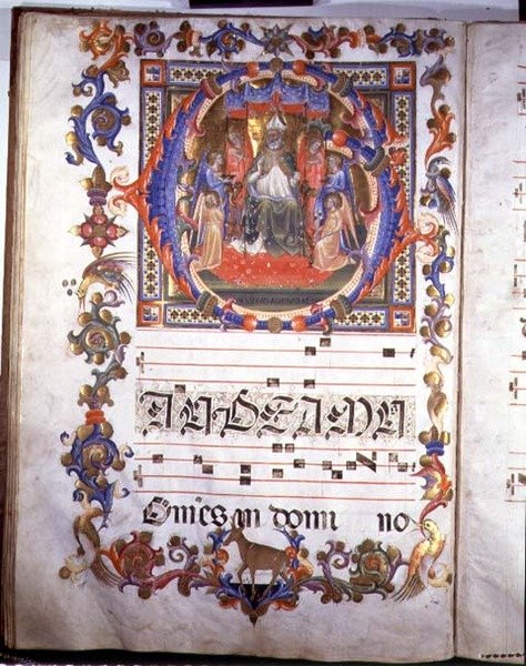 Ms 557 f.35v 一页上有描绘Aegidius (St. Giles) (d.c.700) 被天使包围的插图，出自