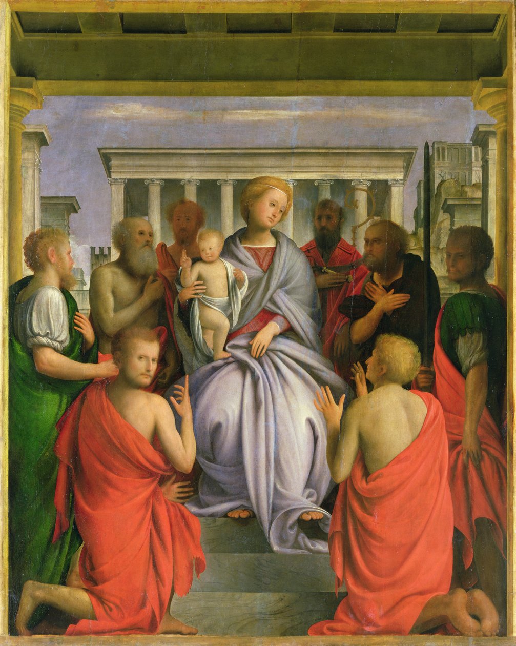 麦当娜与八圣徒，1520年代（面板上的蛋彩画） 作者 Bartolommeo Suardi Bramantino