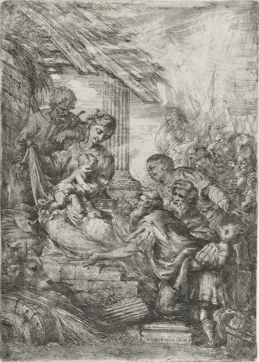 国王的崇拜（智者的祭品），1657 年后（蚀刻在纸上） 作者 Bartolommeo Biscaino