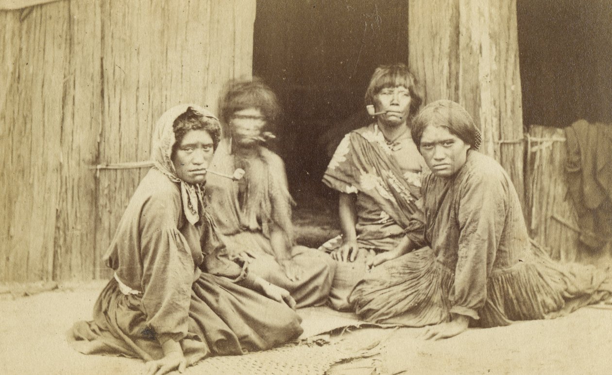Whare以外的毛利妇女组，1865年（蛋白印刷品） 作者 巴特与理查兹