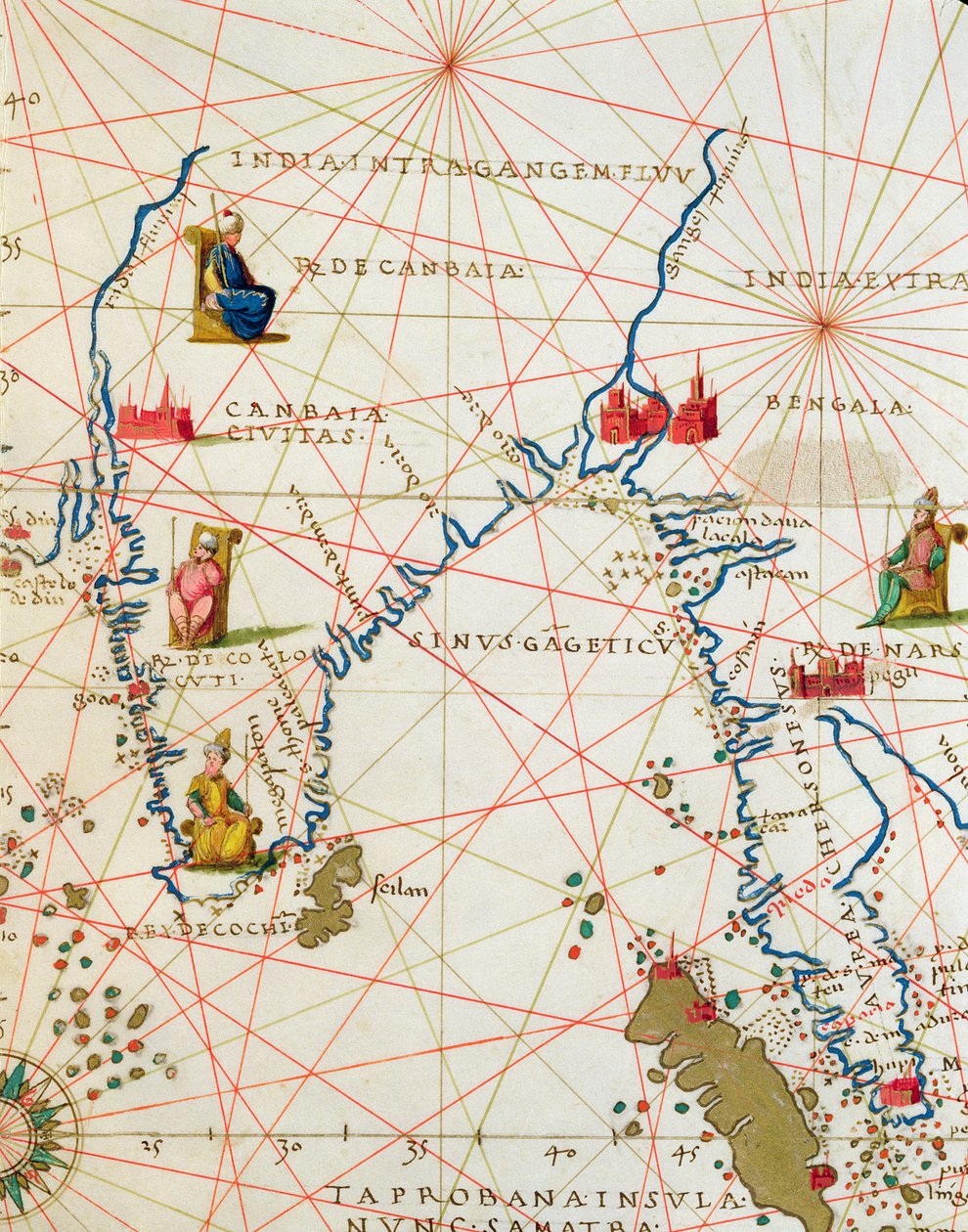 印度和马来西亚，来自威尼斯33地图的世界地图集，1553年9月1日（皮革上的墨水）（详情来自330955） 作者 巴蒂斯塔·阿格尼斯