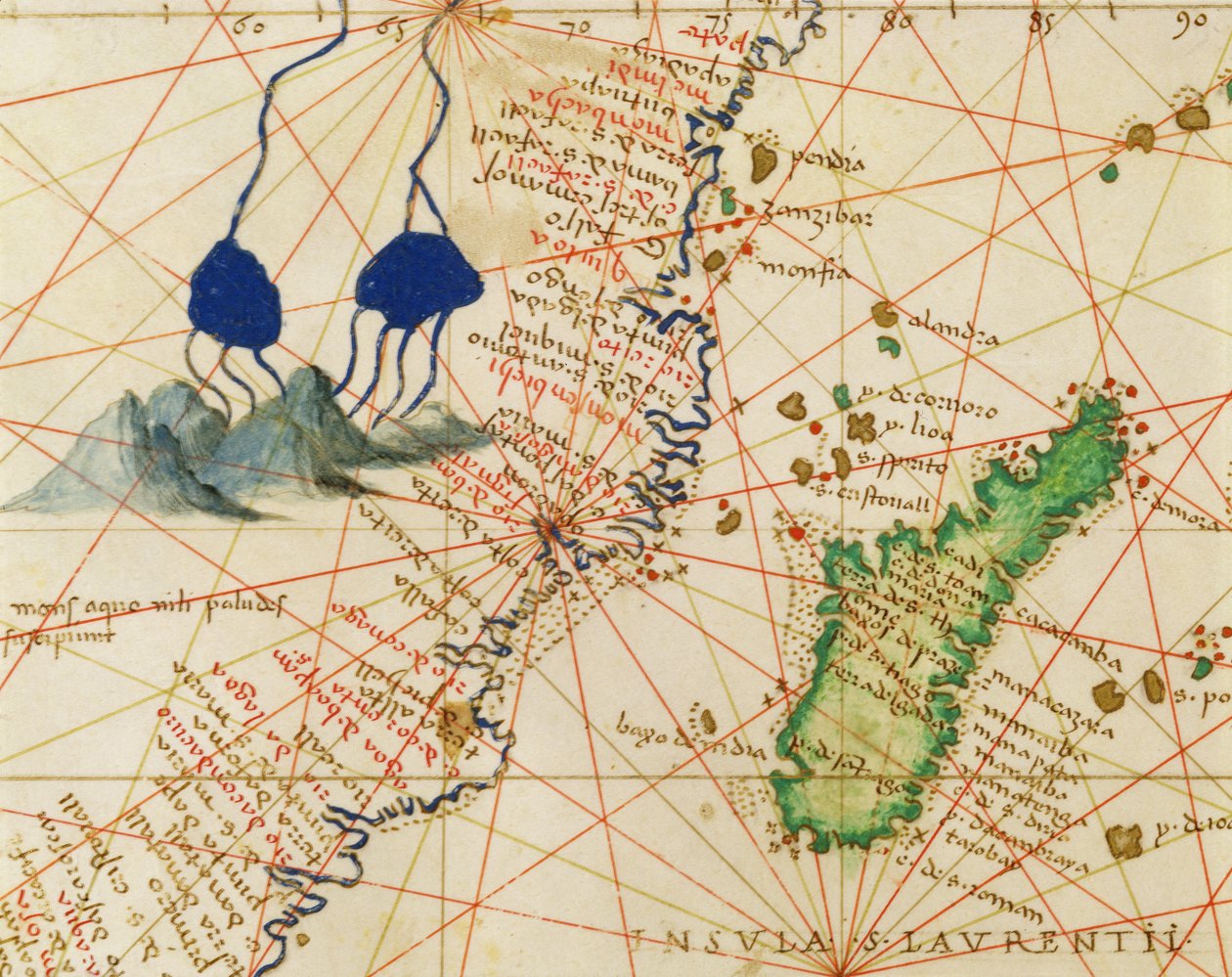 马达加斯加，1553年9月1日威尼斯33地图世界地图集（牛皮纸上的墨水）（详情来自330955） 作者 巴蒂斯塔·阿格尼斯