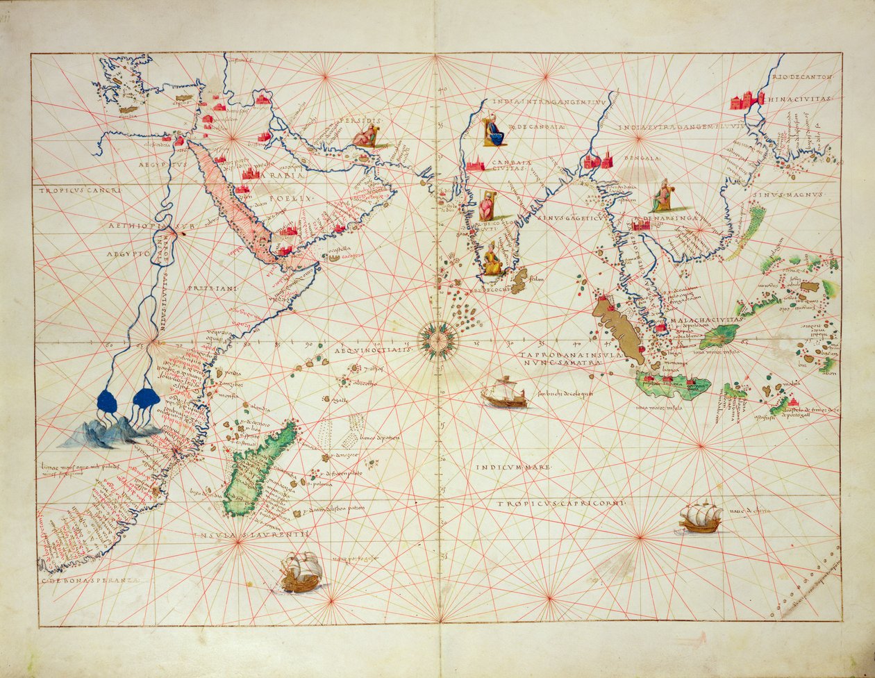 印度洋，来自威尼斯33地图的世界地图集，1553年9月1日（牛皮纸上的墨水）（另见330956） 作者 巴蒂斯塔·阿格尼斯