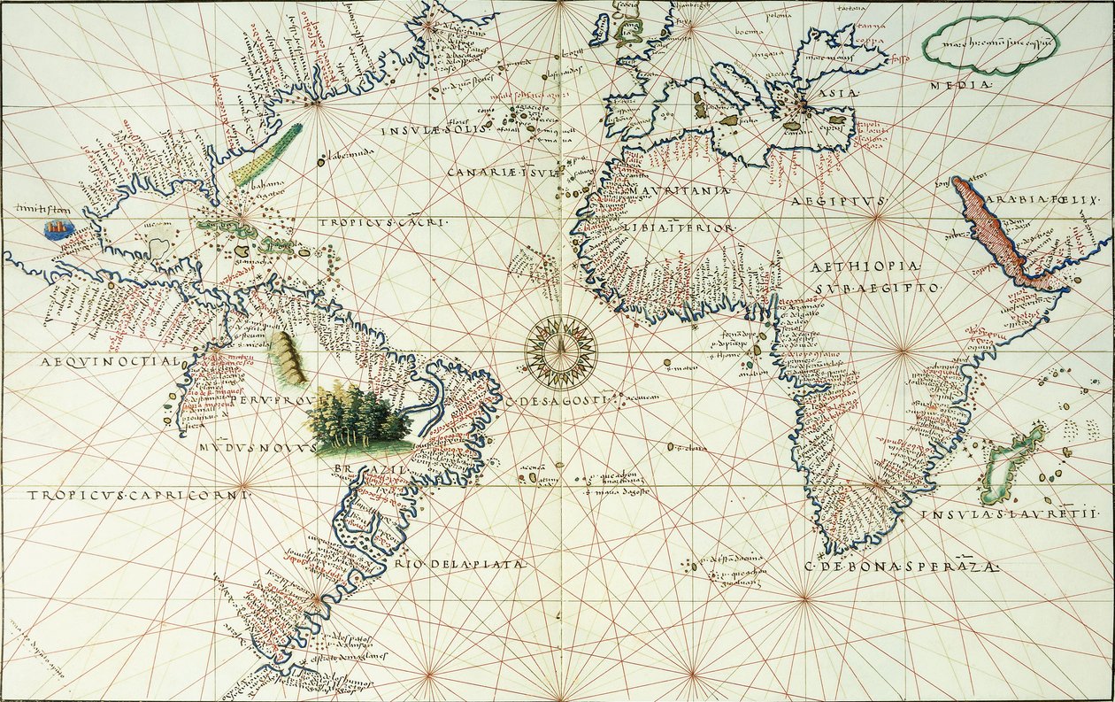 大西洋的双页地图，显示了北美洲和南美洲的东海岸，1544年 作者 巴蒂斯塔·阿格尼斯