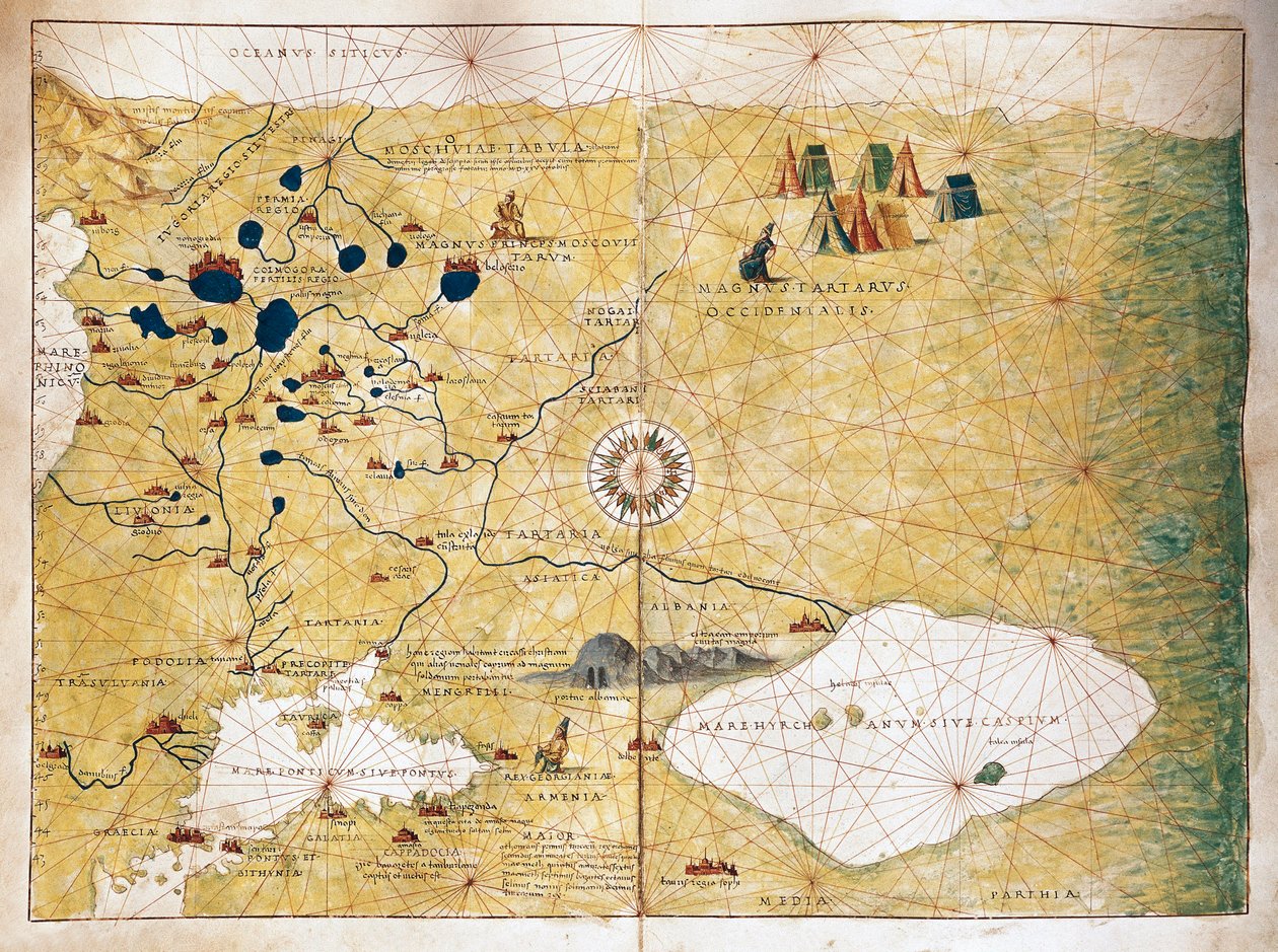 Moschoviae Tabula，俄罗斯和伏尔加河沿岸欧洲城市的地图 作者 巴蒂斯塔·阿格尼斯
