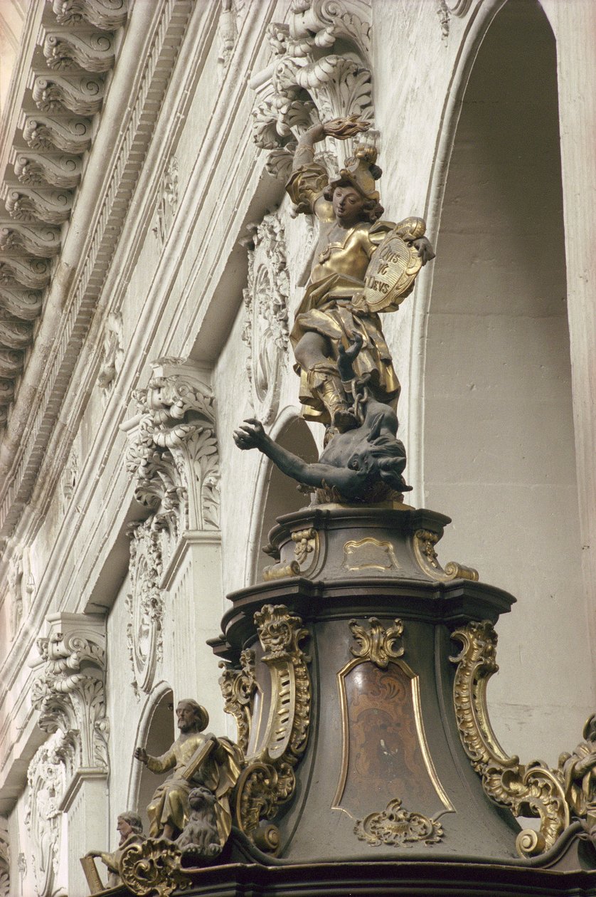 讲坛，也被称为Verity的Pulpit，细节：圣迈克尔和龙，1749年（镀金，木材镶嵌）（另见252679和252681） 作者 巴伐利亚学校
